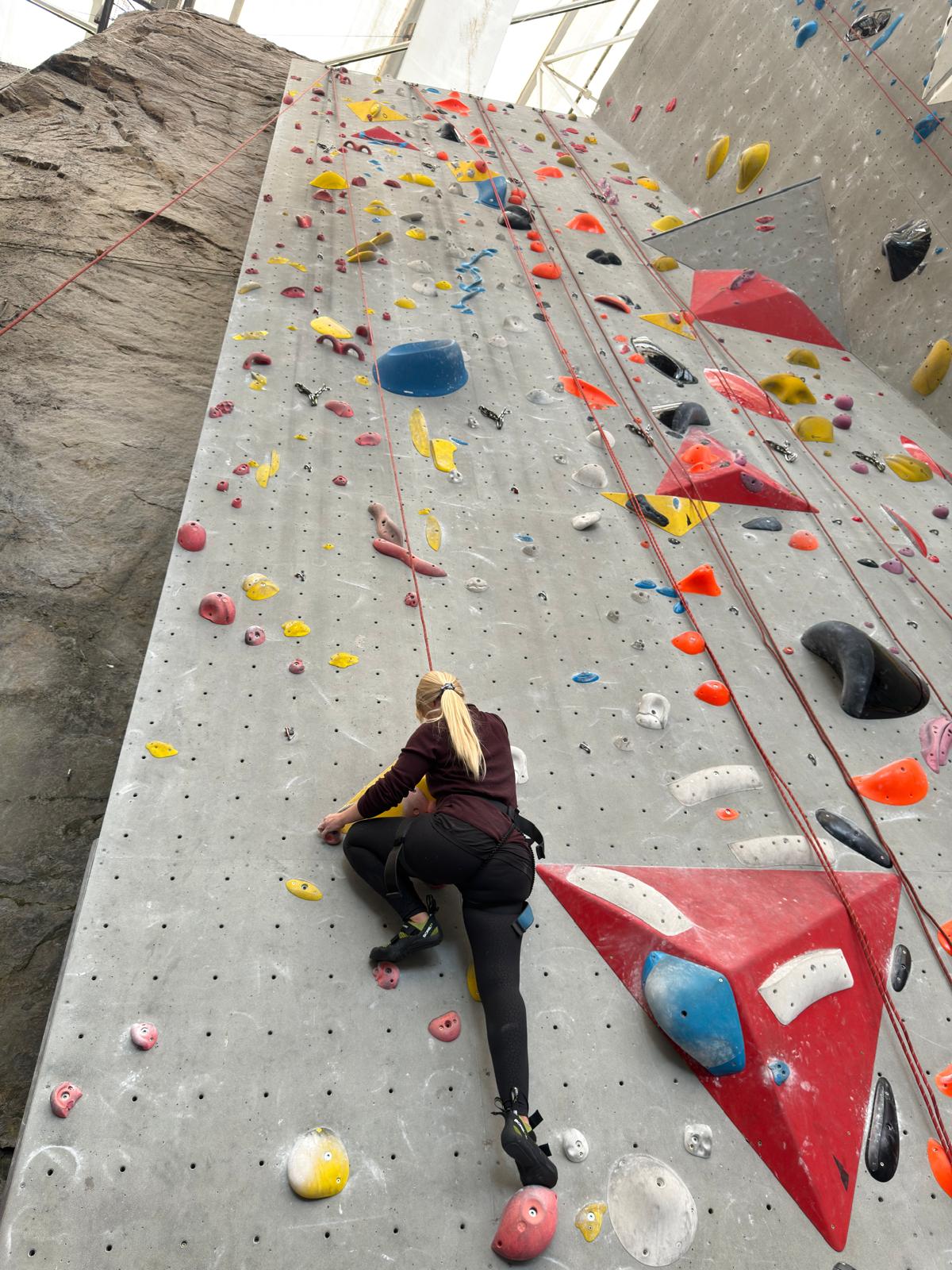 Danielle starting a climb on an indoor climbing wall