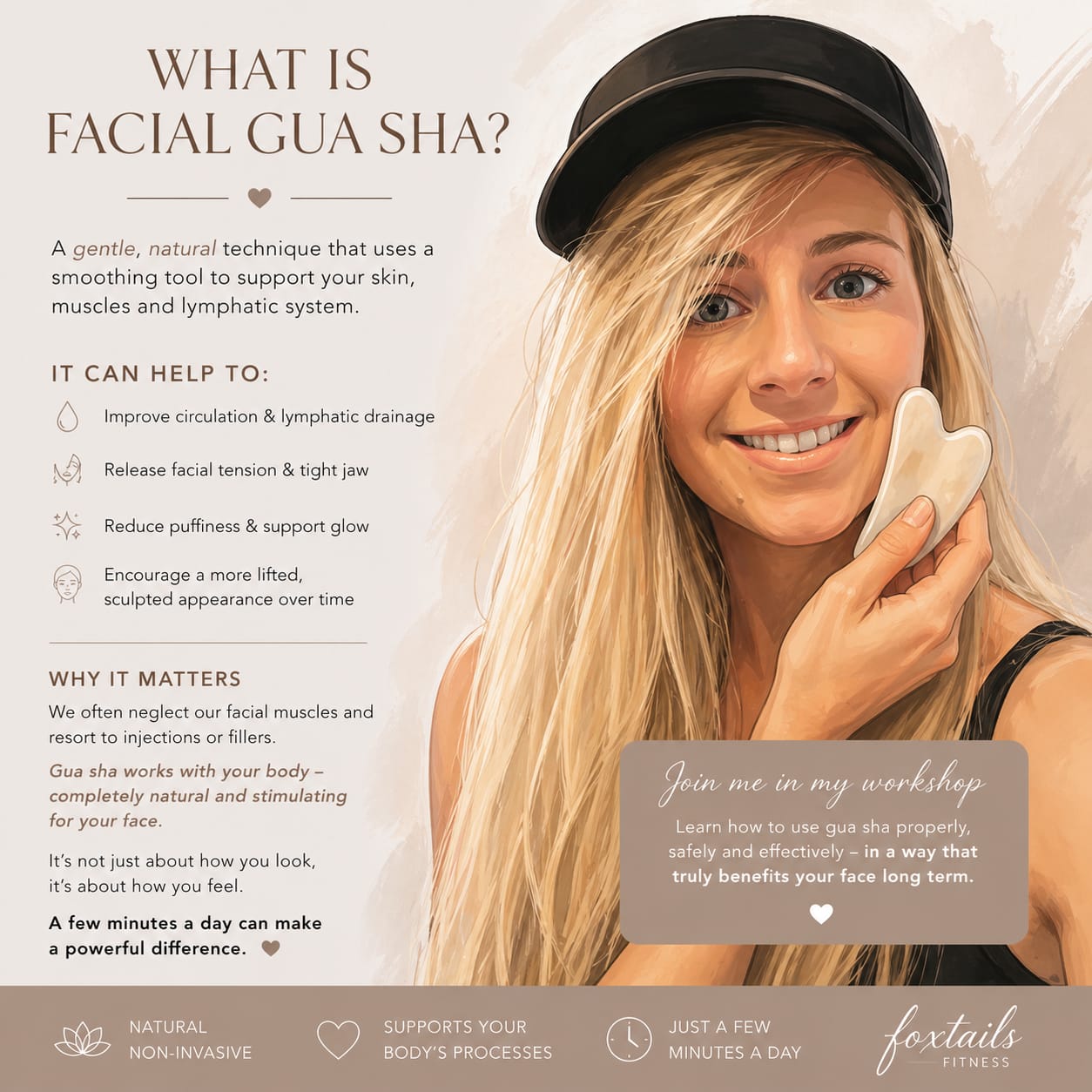 Foxtail Fitness facial Gua Sha workshop information poster
