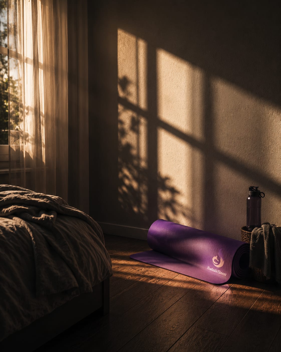 Purple Foxtail Fitness yoga mat in warm window light